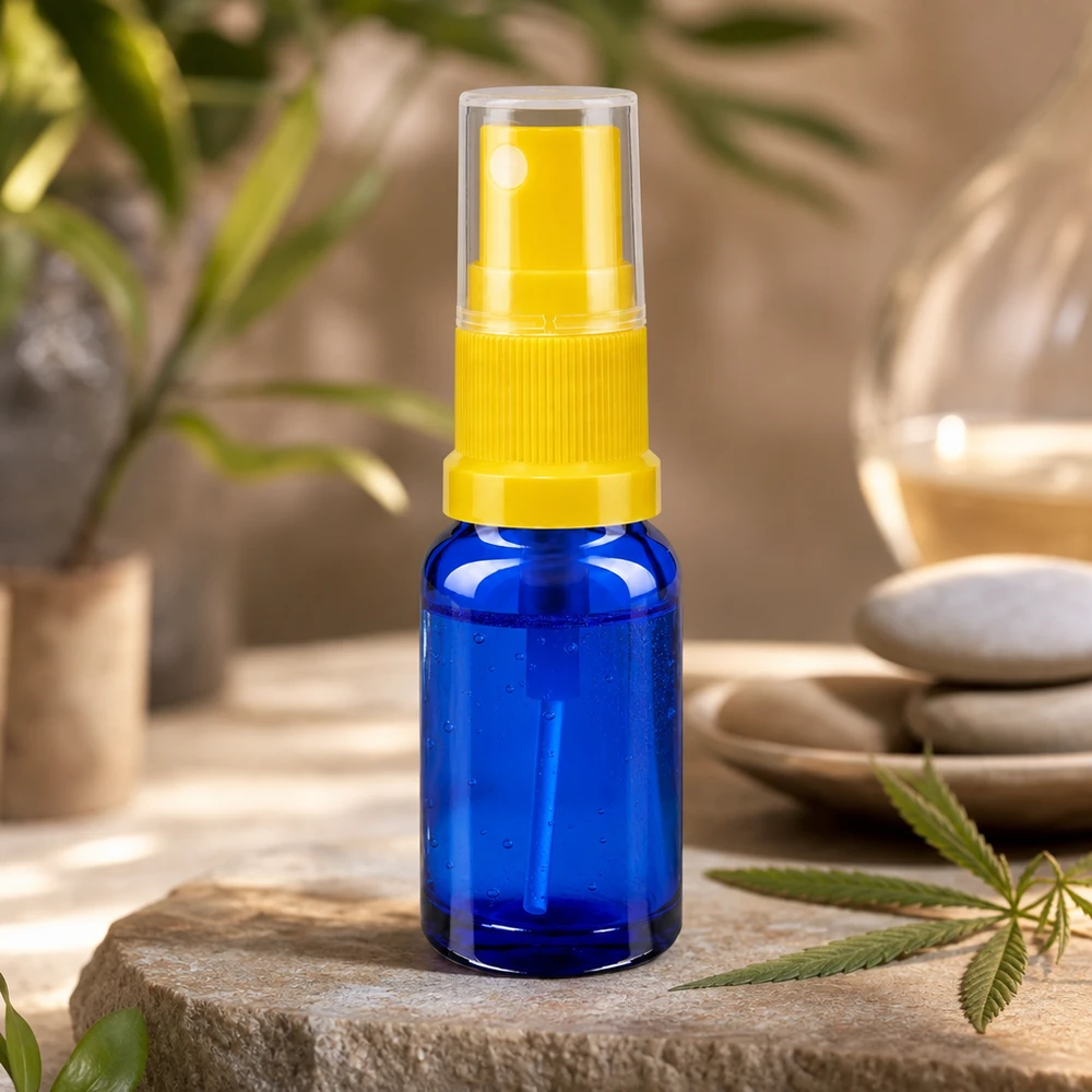 Apothekenflasche blau 10ml Sprayaufsatz gelb Kobaltblaue Sprühflasche 10ml lichtgeschützt mit gelbem Pumpzerstäuber für Naturkosmetik