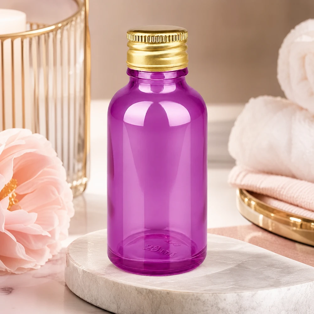 30ml Flasche 11mm Schraubverschluss Alu-Gold Standard PurpleLine. UT18/30 30ml Glasflasche in trendigem Violett mit SV-Verschluss ideal für kleine Chargen und Produkttests