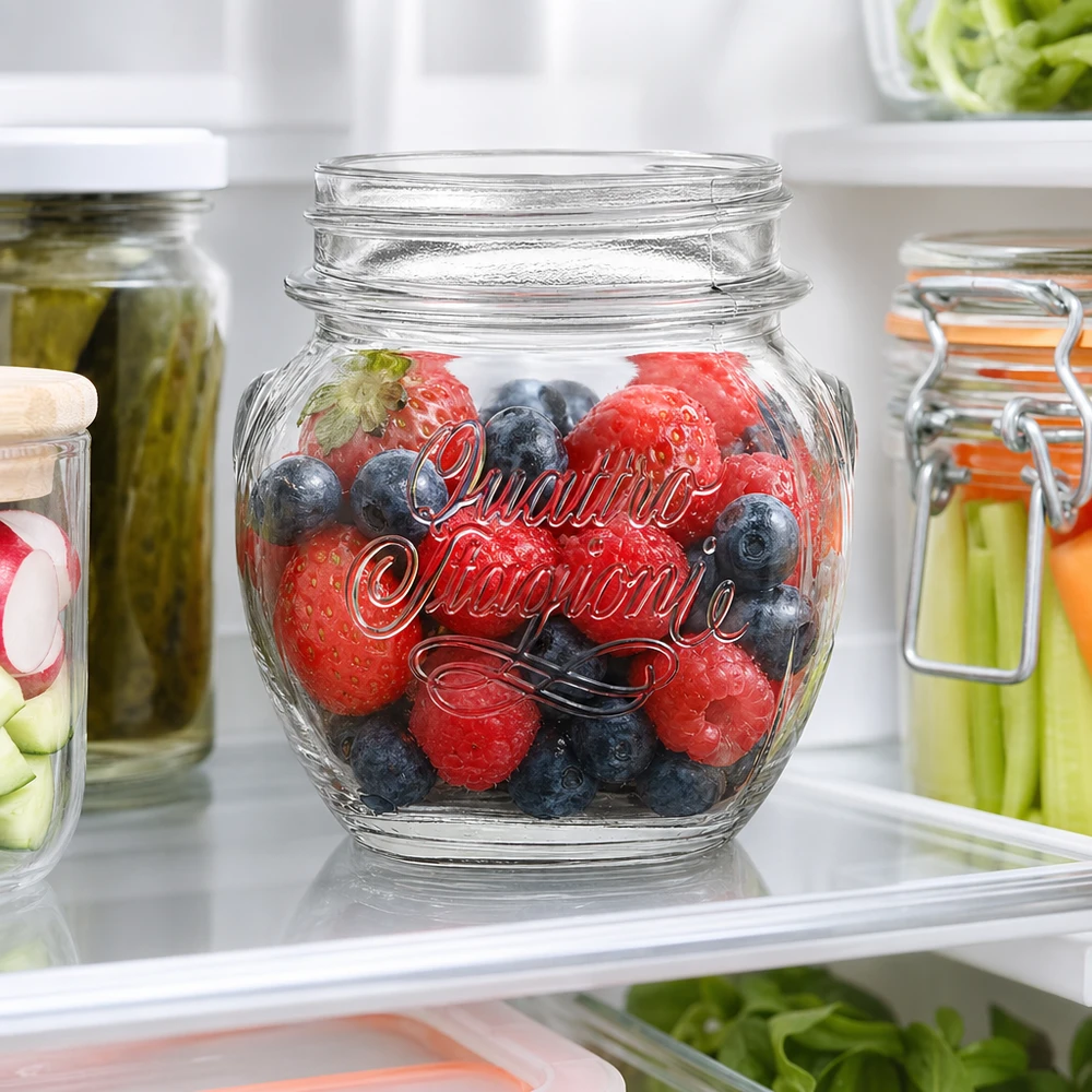 Bicchiere da 300ml "Quattro Stagioni" Barattolo casalingo Quattro Stagioni da 300 ml con bacche fresche in frigo per la conservazione degli alimenti e la preparazione dei pasti