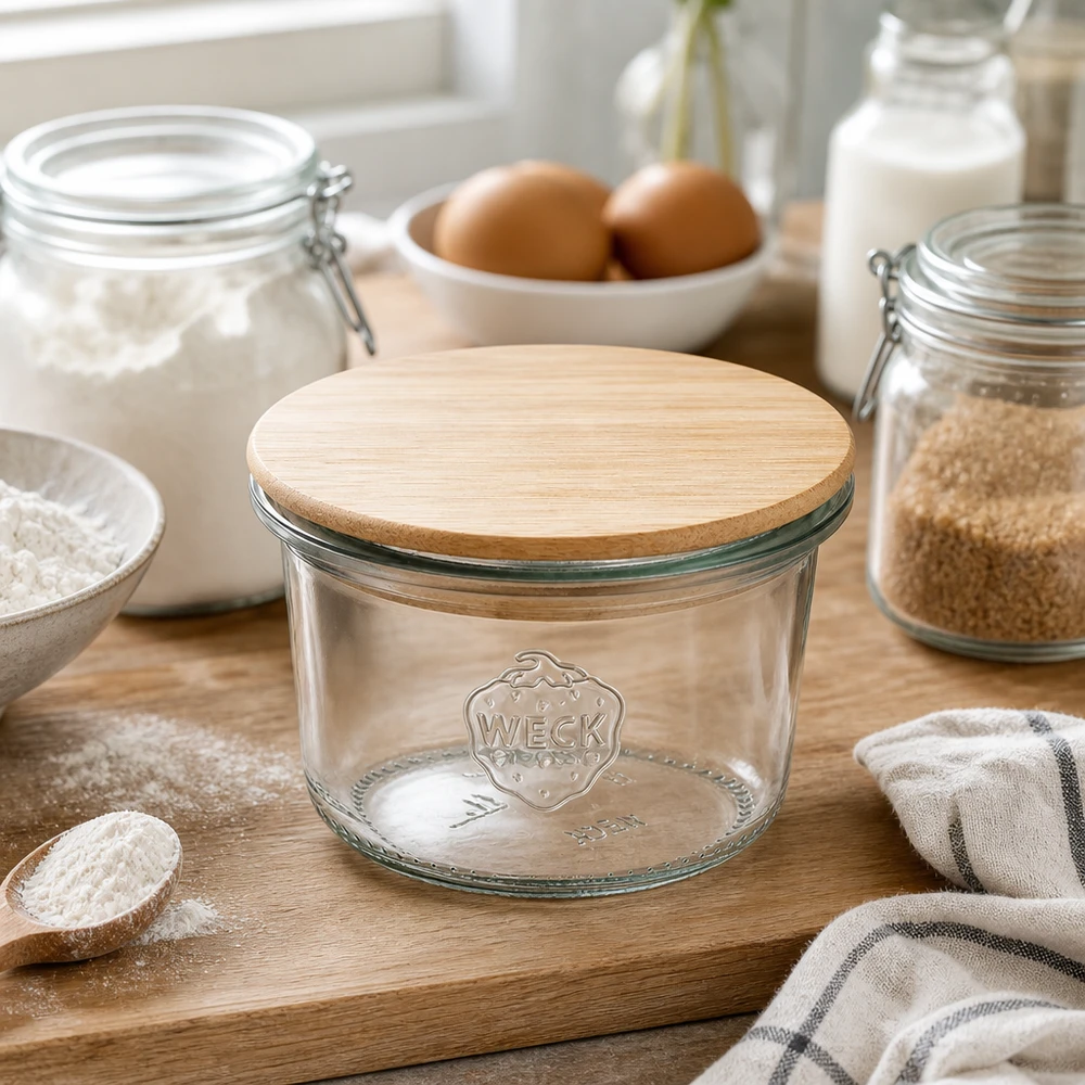 Barattolo da 80 ml WECK RR60 con coperchio in legno Bicchieri WECK 80ml RR60 con coperchio in bambù su una tavola di legno circondata da ingredienti da forno, farina, uova e latte in una cucina moderna