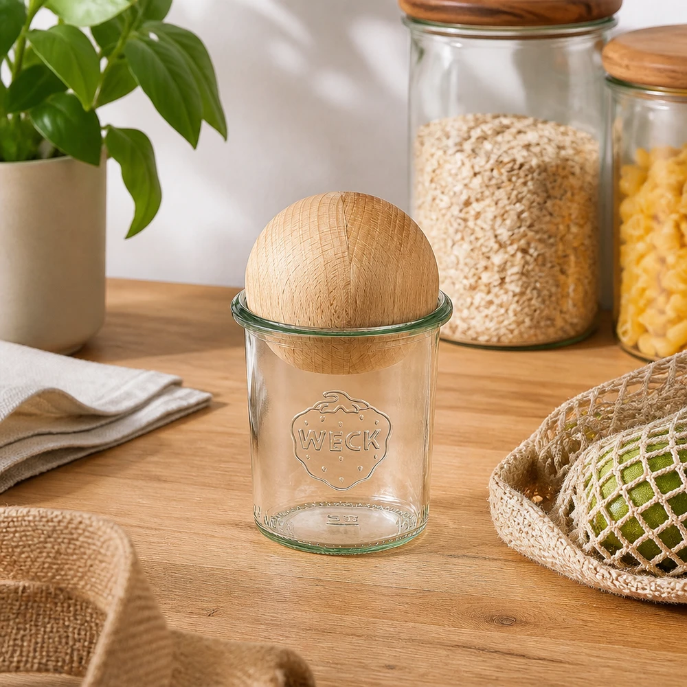 160ml Sturzglas WECK RR60 mit Holzkugel Buche WECK Sturzglas RR60 160ml mit Buchenkugel-Deckel auf Holztisch, umgeben von nachhaltigen Küchenutensilien