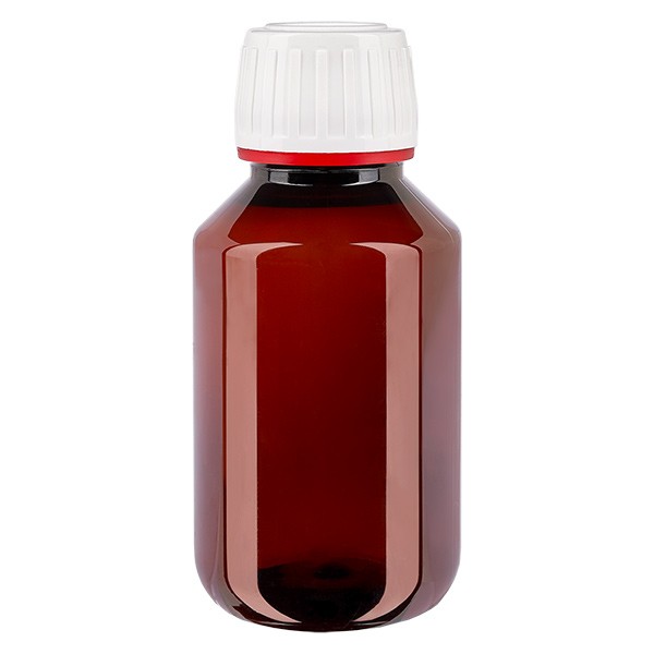 Bottiglia in PET da 100 ml con tappo bianco/rosso OV Bottiglia in PET da 100 ml con tappo bianco/rosso OV