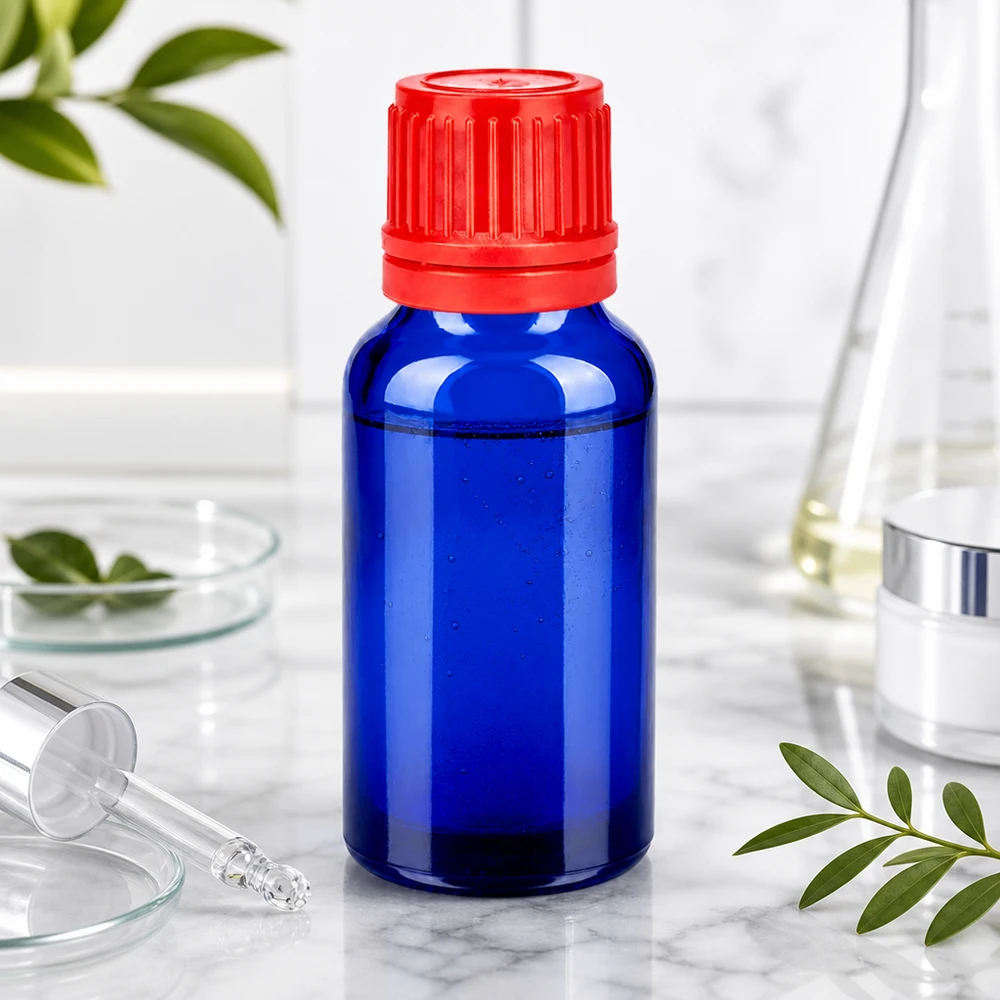 Flacone da 20ml 11mm SV rosso OV BlueLine UT18/20 Flacone da laboratorio compatto da 20 ml in blu cobalto con tappo a vite rosso a prova di bambino