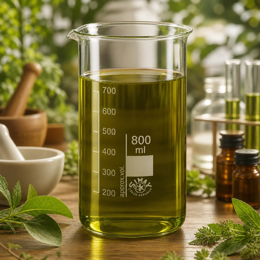 Bicchiere da 800 ml in vetro borosilicato, forma alta Bicchiere da laboratorio da 800 ml, modello alto, con estratto di erbe verde su un tavolo di legno, circondato da erbe medicinali fresche
