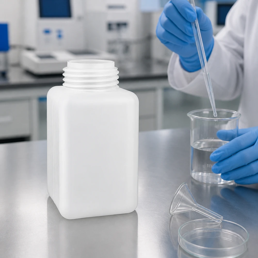 Bouteille à col large en PE-HD de grande capacité (1 000 ml) destinée aux liquides chimiques, ainsi que des accessoires de laboratoire