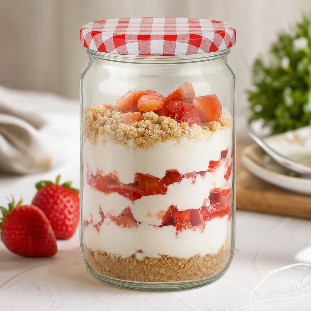Vasetto rotondo da 795 ml con coperchio BasicSeal come vasetto da dessert con fragole, panna e zuccherini, perfetto per i dessert dolci.