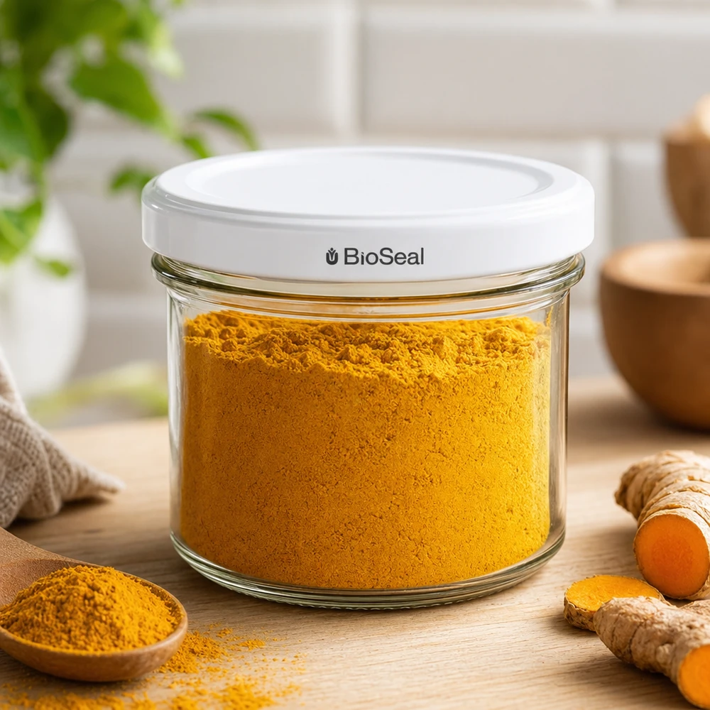 125ml Sturzglas mit BioSeal Deckel weiß UNiTWIST UNiTWIST Sturzglas 125ml Gewürz Aufbewahrung Kurkuma Pulver Küchenszene TO66 BioSeal Deckel weiß Glas
