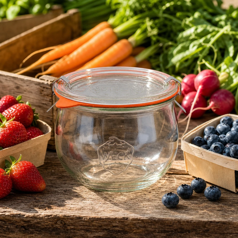 Vaso per tulipani da 580 ml completo WECK RR100 Vaso a tulipano WECK 580ml RR100 circondato da frutta e verdura fresca su un tavolo di legno, perfetto per la conservazione naturale