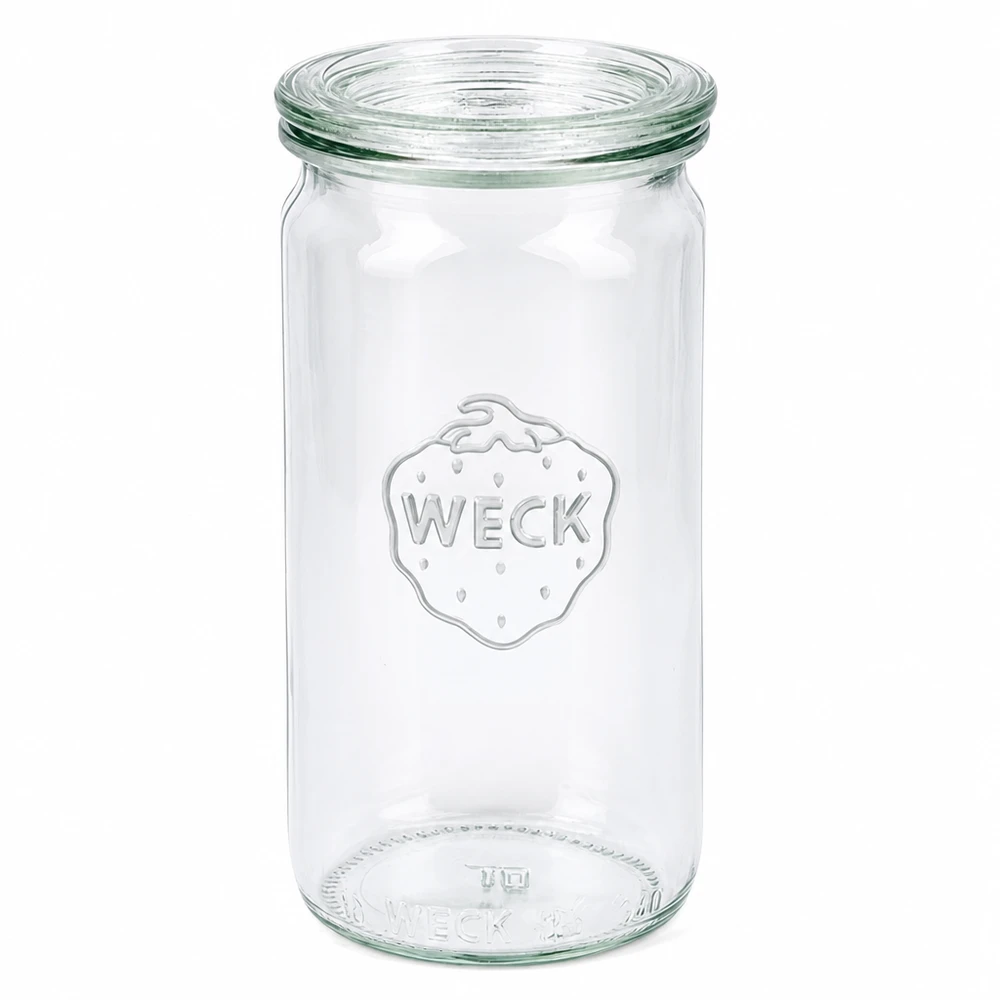 Vaso cilindrico WECK 340ml con coperchio in vetro RR60 vaso per conserve trasparente vuoto su sfondo bianco