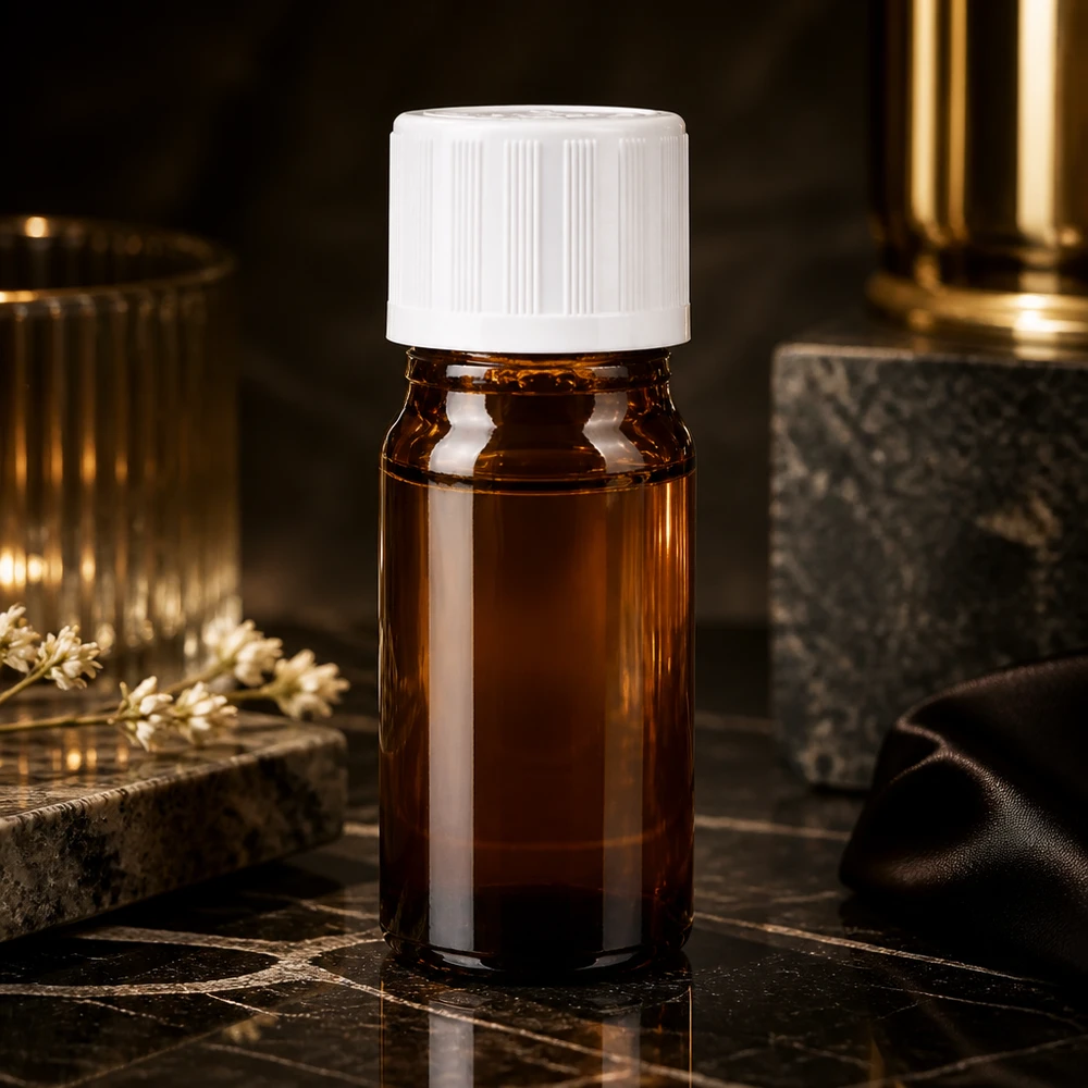 Élégant flacon en verre ambré de 5 ml avec bouchon KiSi blanc sur fond de marbre noir