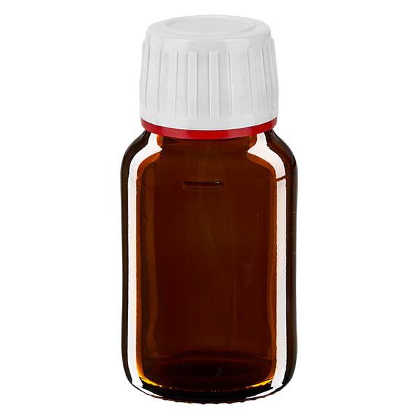 Flacone per medicinali da 30 ml marrone, tappo bianco con chiusura antimanomissione Flacone per medicinali da 30 ml marrone, tappo bianco con chiusura antimanomissione