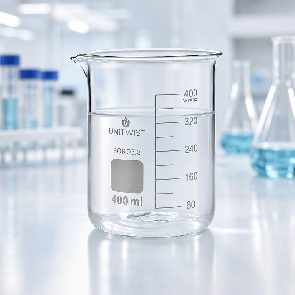 Bicchiere 400ml borosilicato, stampo basso UNiTWIST Bicchiere da laboratorio UNiTWIST da 400 ml in borosilicato 3.3 con beccuccio e accessori da laboratorio bianchi sullo sfondo