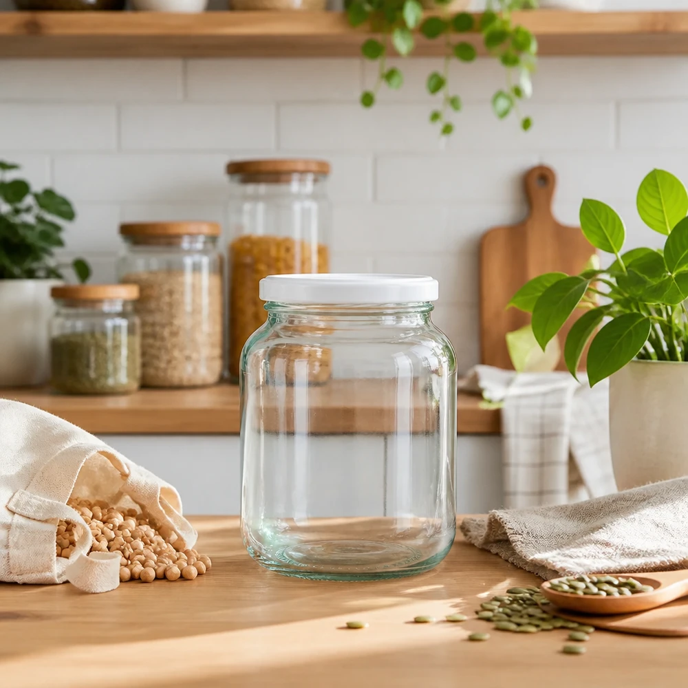 Barattolo ovale da 370 ml UNiTWIST con coperchio BasicSeal bianco in cucina sostenibile a spreco zero con legumi e piante