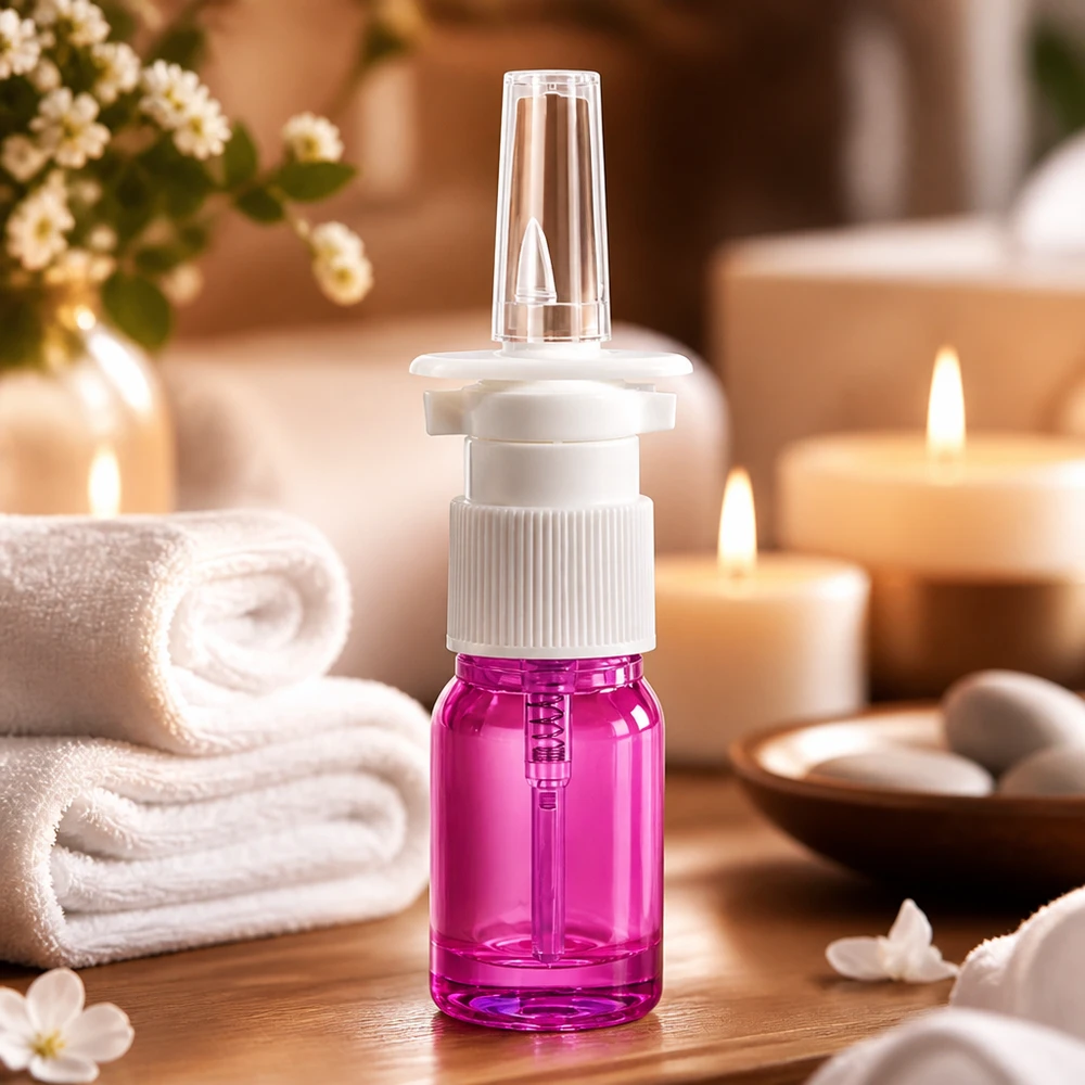 5ml Nasensprayflasche weiß/transparent Standard PurpleLine UT18/5 Professionelle 5ml Nasensprayflasche in violetter Optik mit Standard-Schraubgewinde für Medikamente
