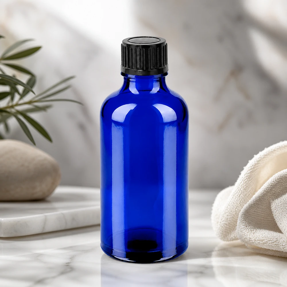50ml Flasche 11mm Schraubverschluss schwarz Standard BlueLine UT18/50 Stilvolle kobaltblaue 50ml Flasche mit mattem schwarzem Verschluss für Premium Produkte