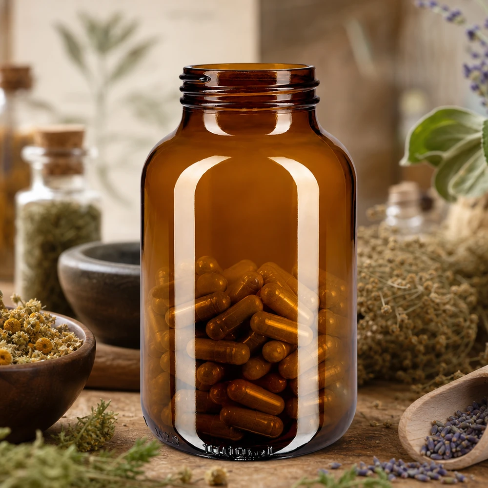 Bocal à col large en verre ambré 1000 ml, goulot DIN 68, sans couvercle Bouteille brune à col large 1000ml en verre de haute qualité avec une large ouverture pour un remplissage facile