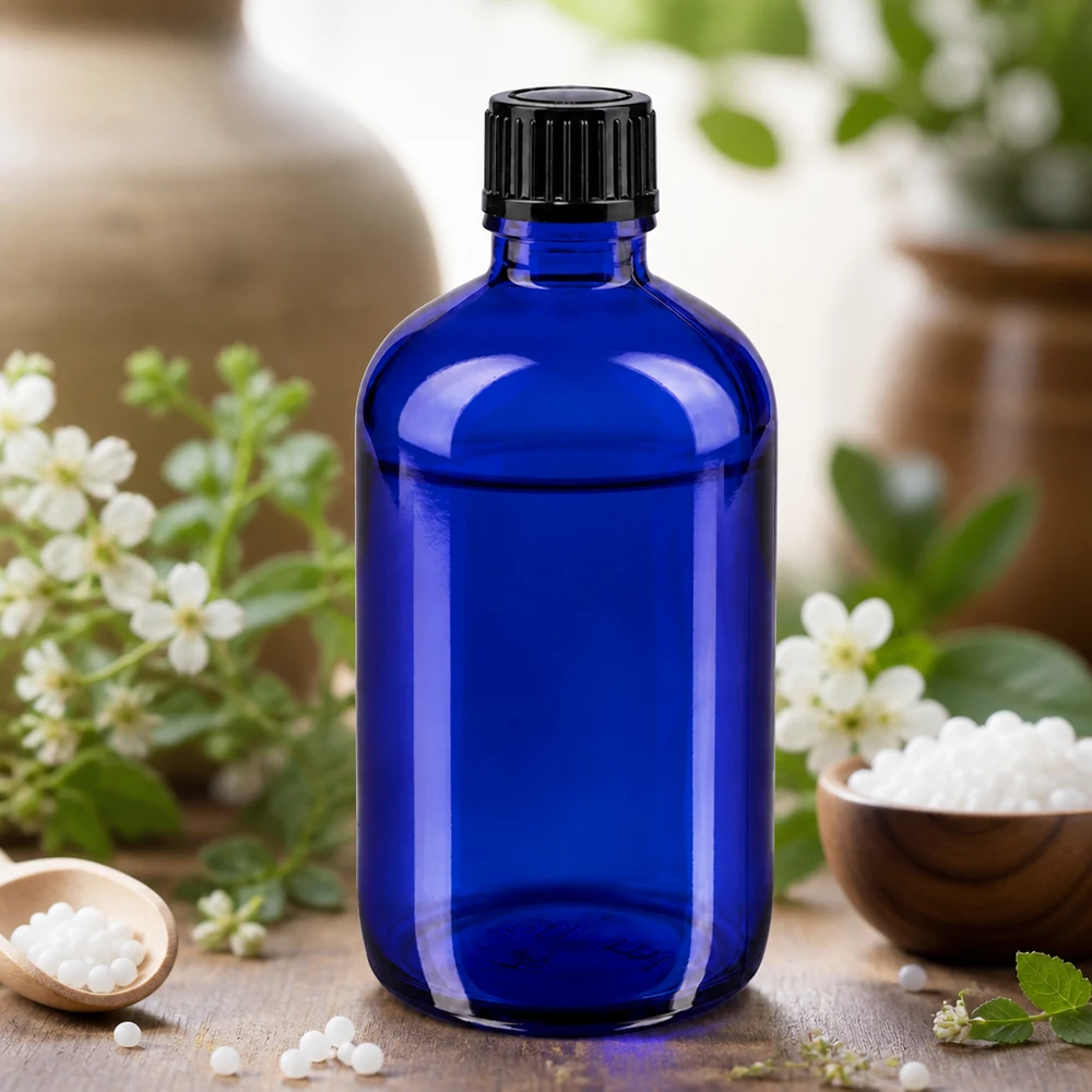 Flacon de pharmacie bleu 100ml bouchon compte-gouttes 1mm noir Std Flacon en verre bleu cobalt de 100 ml muni d'un compte-gouttes de 1 mm, sur fond représentant des plantes et des granules homéopathiques