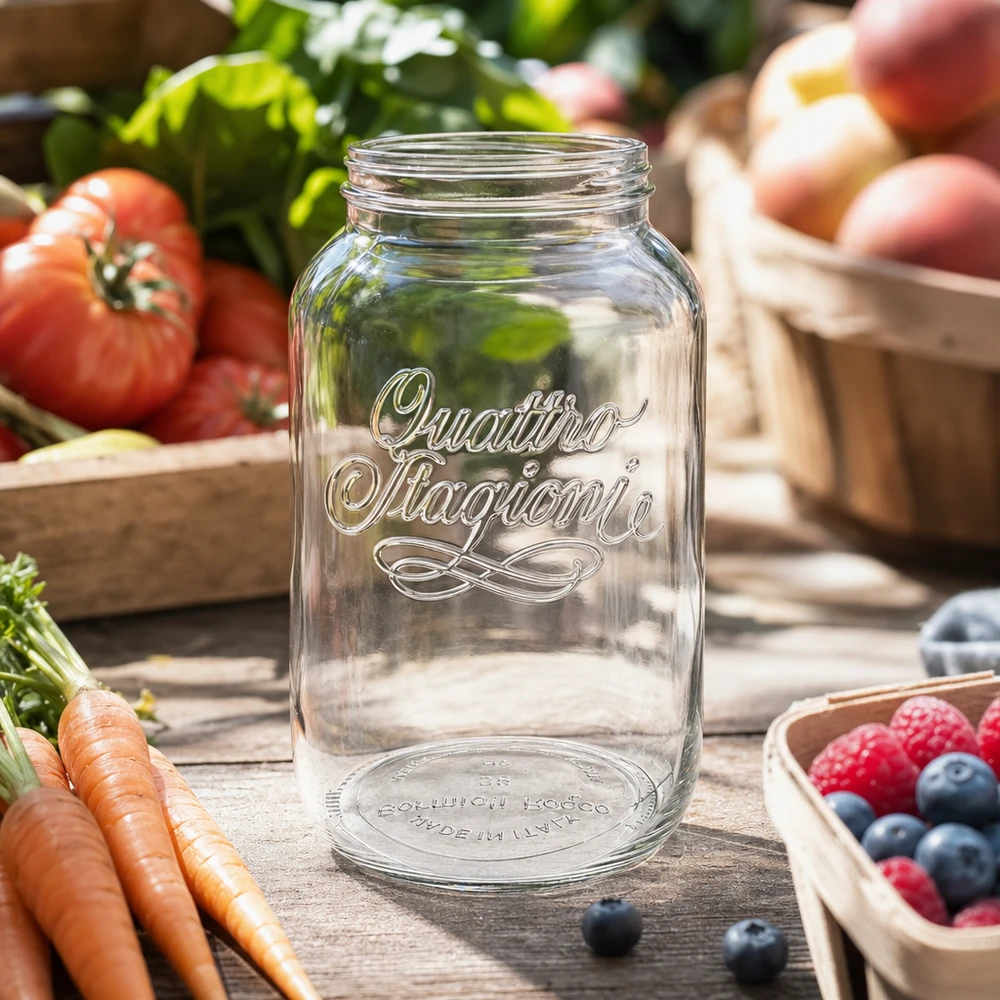 3800ml Quattro Stagioni vaso per conserve trasparente con scritta circondata da frutta e verdura fresca