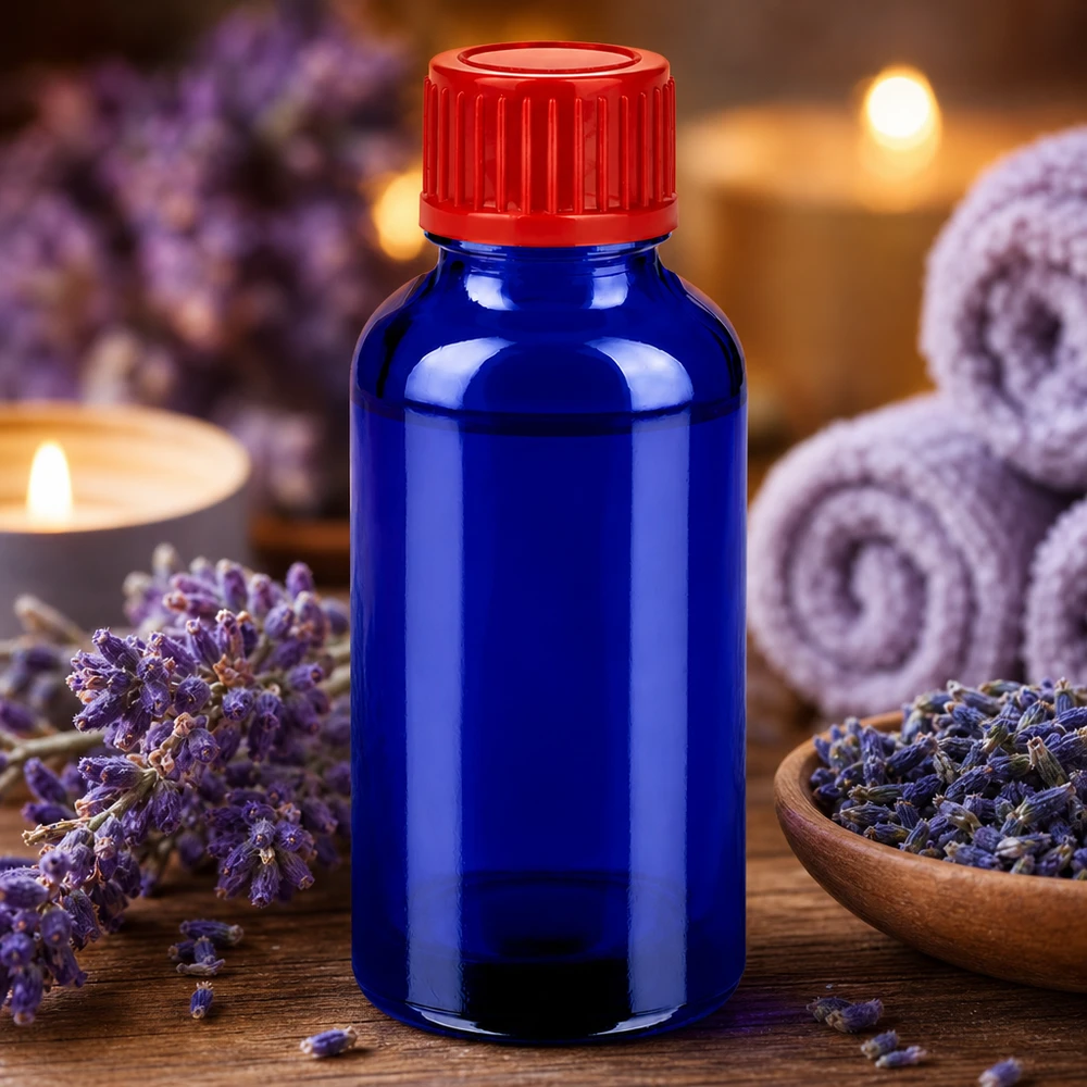 Pratico flacone blu da 30 ml con tappo a vite rosso per applicazioni mobili
