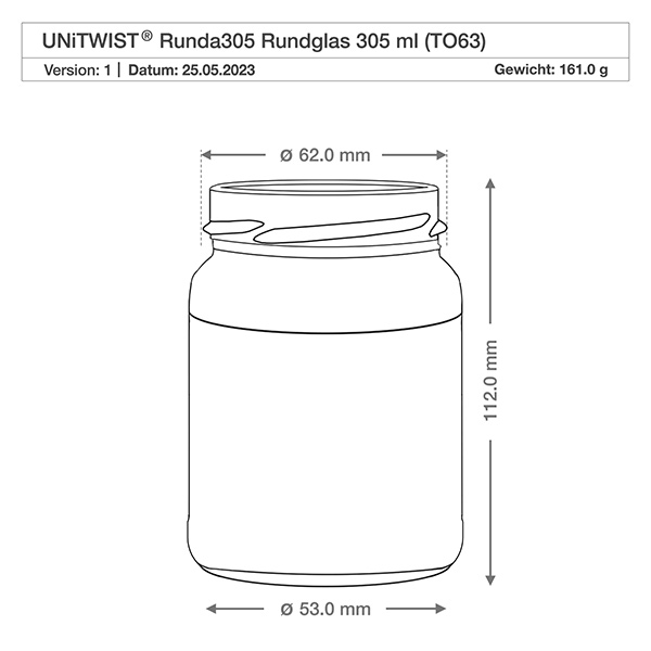 UNiTWIST Runda305 - Barattolo rotondo capacità 305ml TO63 UNiTWIST Runda305 Bicchiere rotondo 305ml TO63 con disegno tecnico Dimensioni Diametro 62mm Altezza 112mm Peso 161g