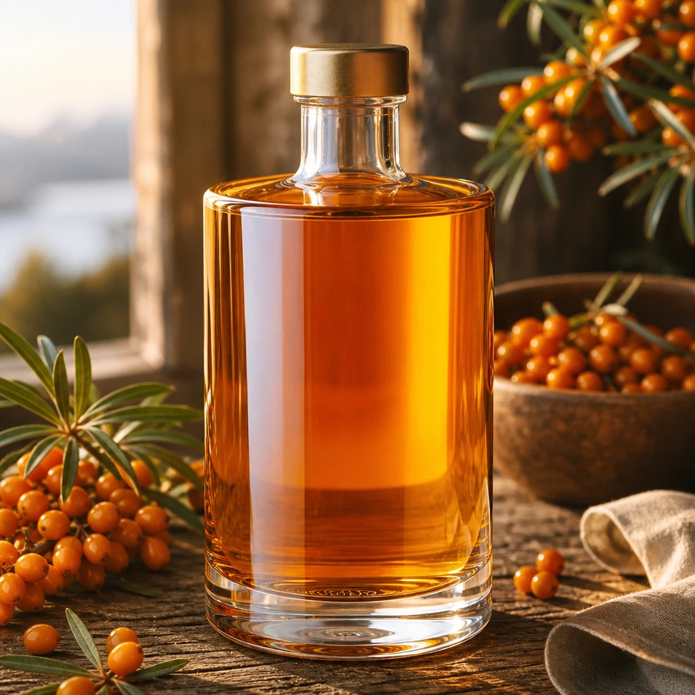 Bottiglia in vetro da 375 ml Sam + tappo a vite oro UNiTWIST® 375ml Glasflasche Sam mit goldenem Verschluss neben Sanddornbeeren dekorative Lifestyle Aufnahme Spirituosen Öle