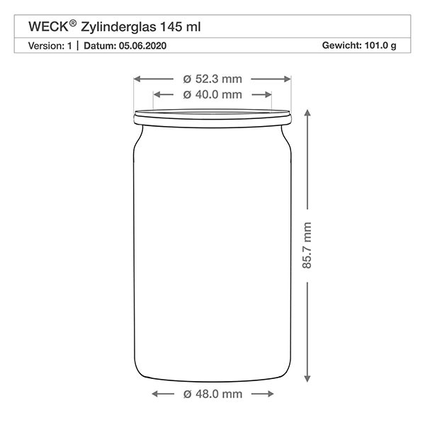 Barattolo cilindrico da 145 ml WECK RR40 con tappo in sughero naturale WECK vaso cilindrico 145ml disegno tecnico con dimensioni diametro 48mm altezza 85,7mm peso 101g specifiche RR40