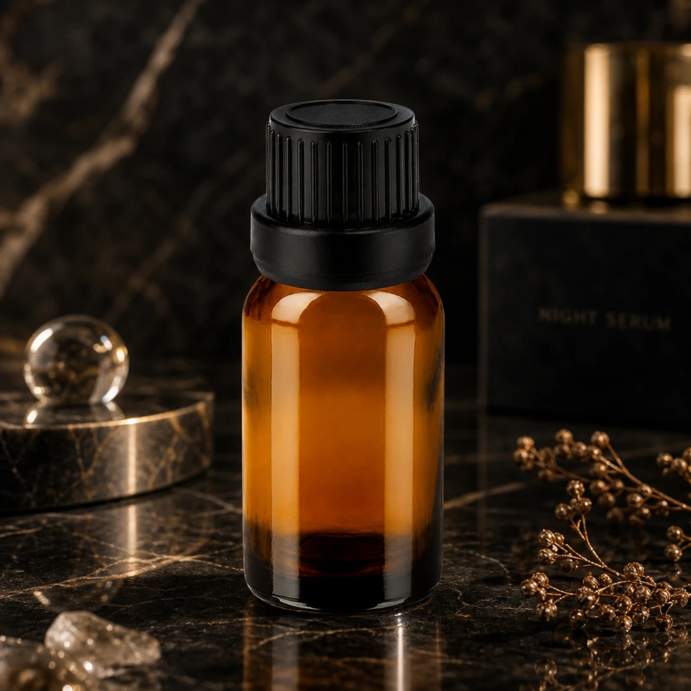 Tappo a vite nero 11mm SV su bottiglia di vetro ambrato da 10ml per imballaggio professionale di cosmetici