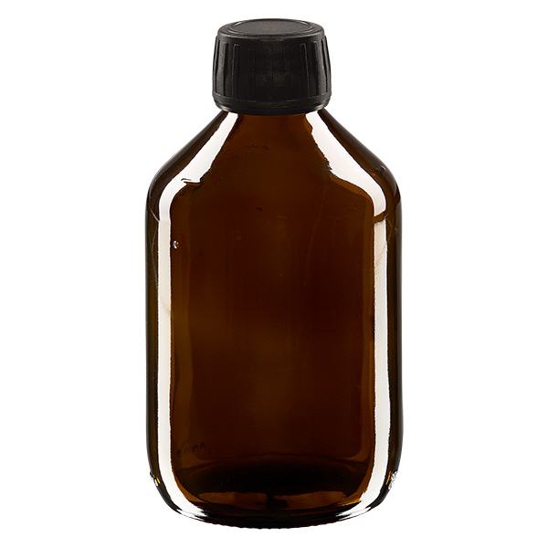 Bottiglia per medicinali da 300ml, marrone, tappo nero con tappo originale Bottiglia per medicinali da 300ml, marrone, tappo nero con tappo originale