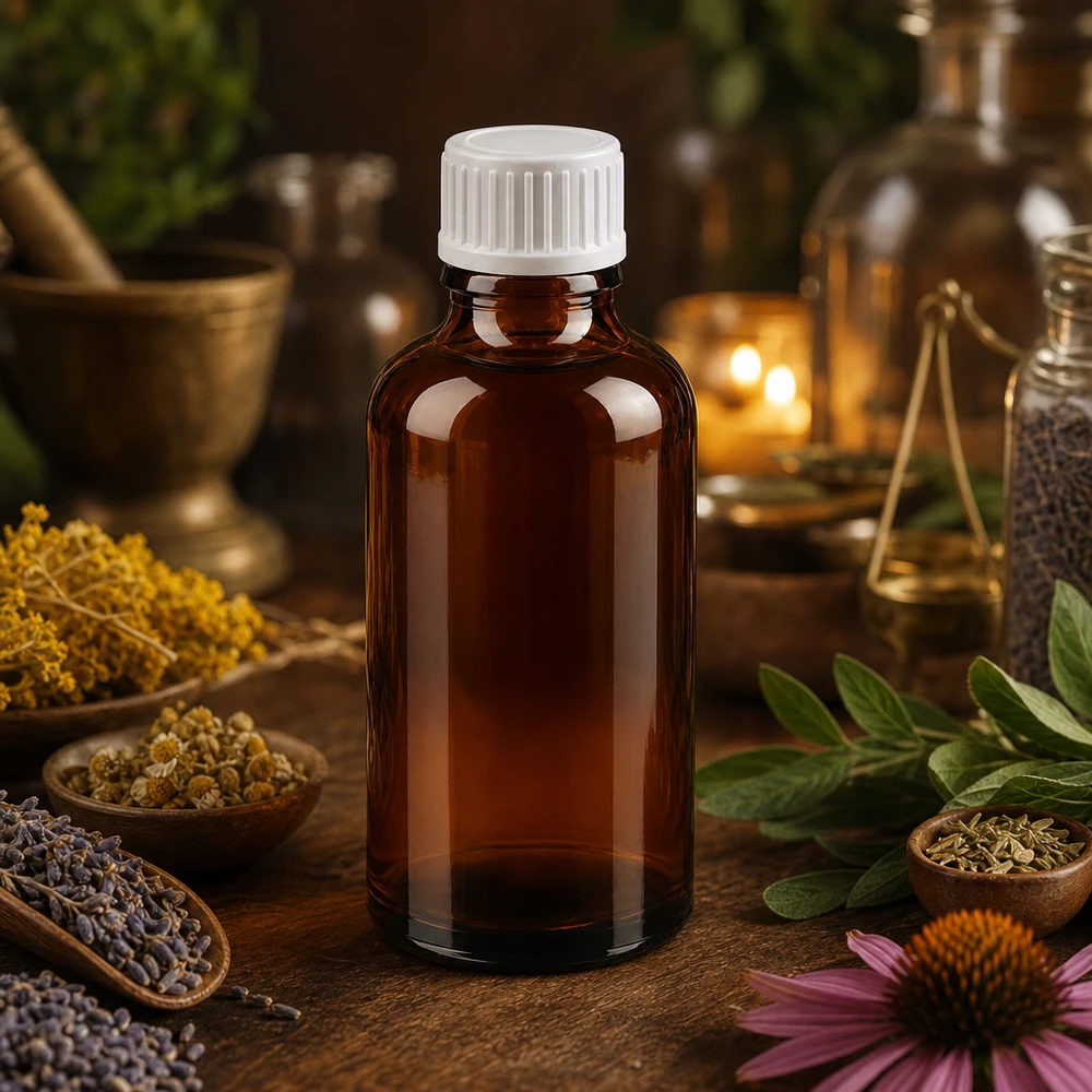 Flacone in vetro ambrato da 50 ml con tappo contagocce per la conservazione sicura di sostanze fotosensibili
