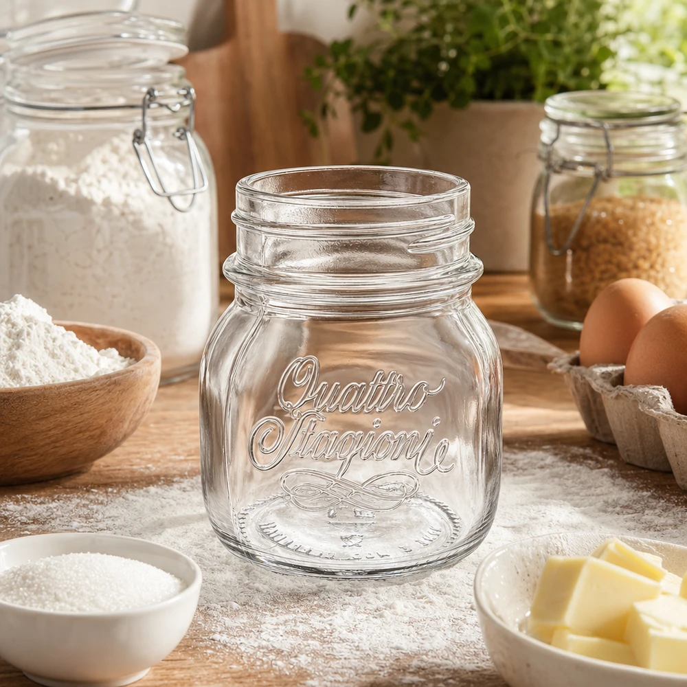 Barattolo da 150ml "Quattro Stagioni" 150ml Quattro Stagioni barattolo per conserve su tavolo di legno con ingredienti da forno farina uova burro accessori da cucina