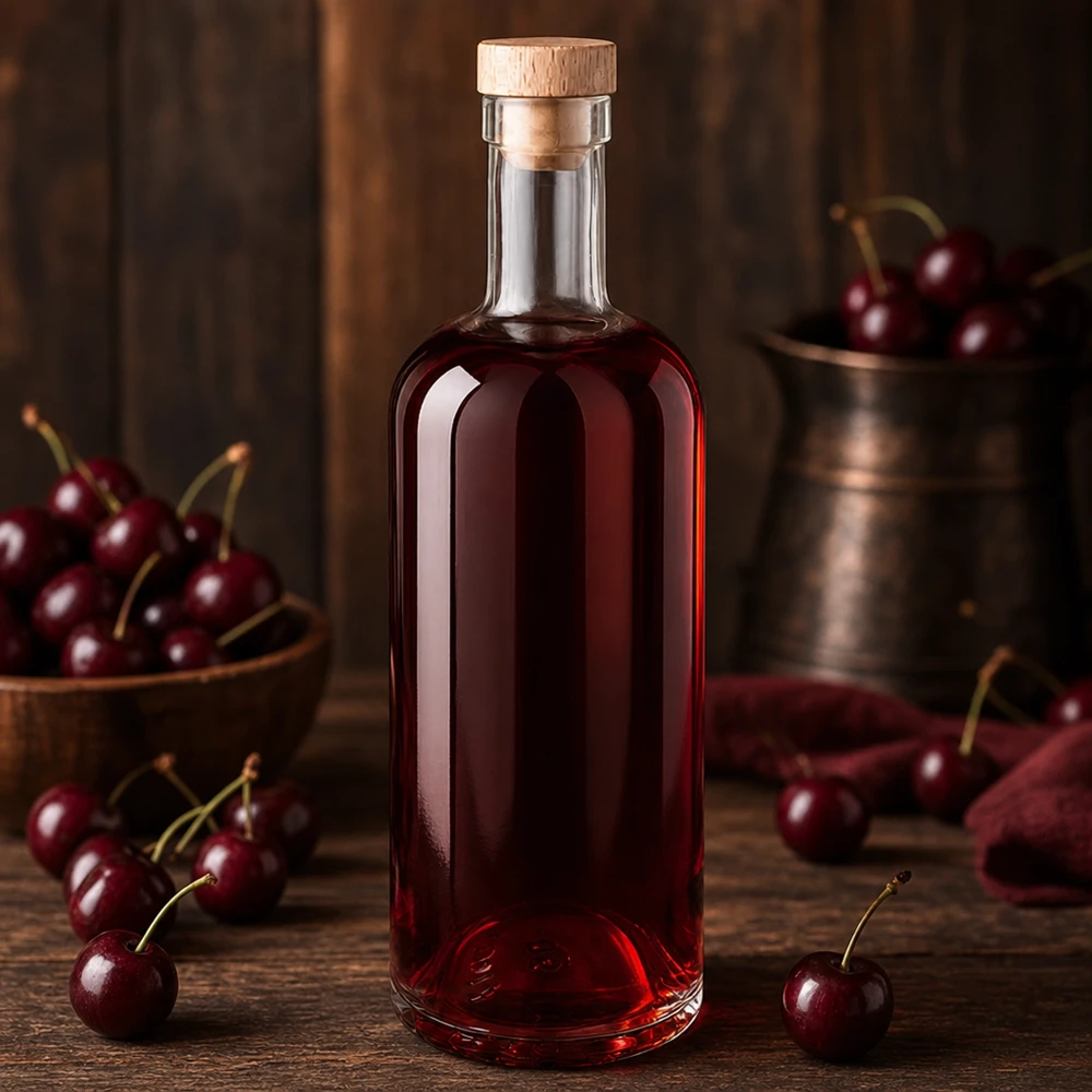 Bottiglia di vetro da 750 ml Emma con tappo di legno riempito di liquido rosso di ciliegia circondato da ciliegie fresche su un tavolo di legno