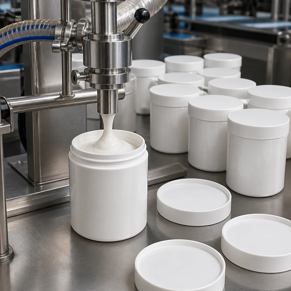 Série de pots à pommade blancs en PP non étiquetés de 200 g avec couvercles à vis, destinés à la production pharmaceutique