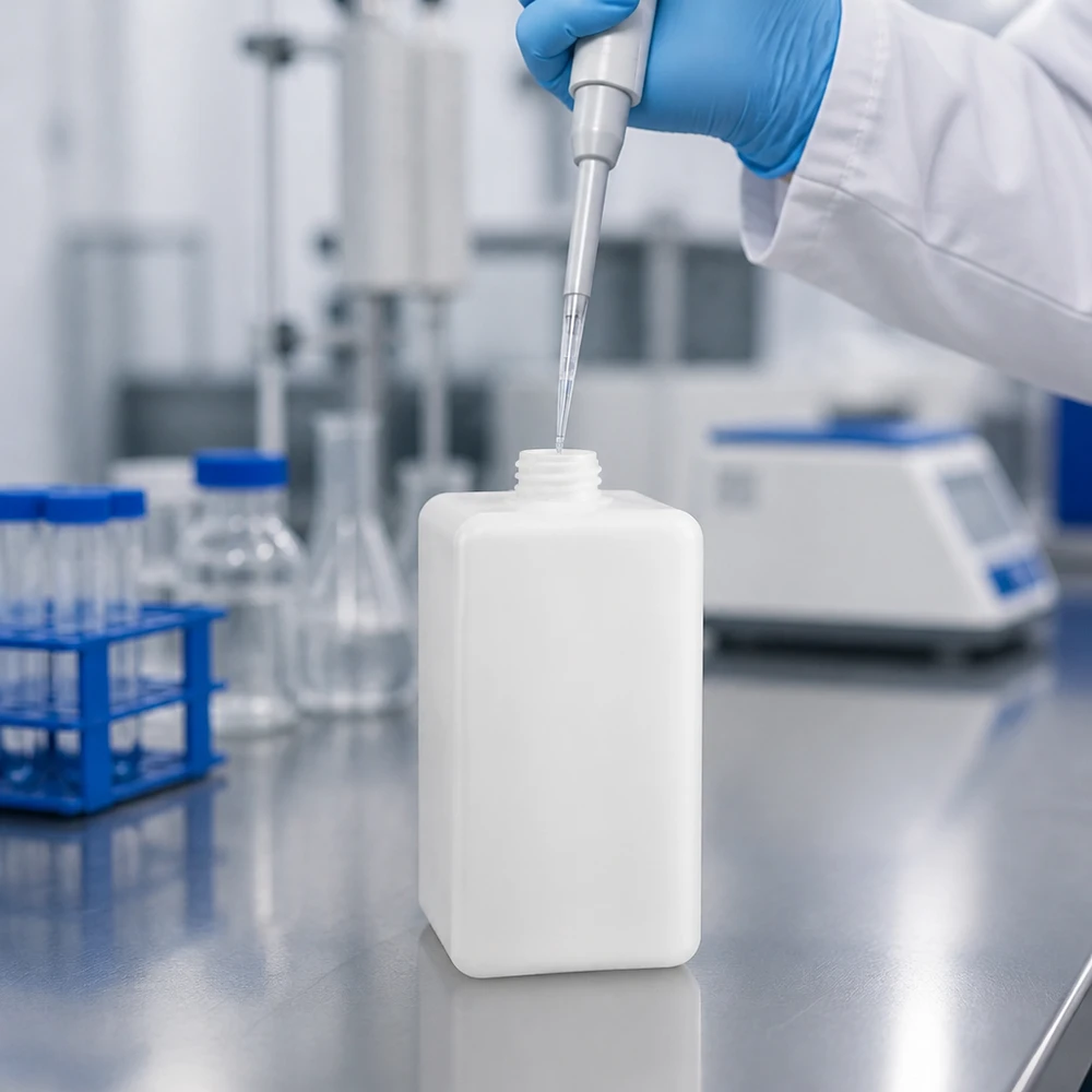 Bouteille de stockage de 1 500 ml en PE-HD à col étroit GL 32 pour un prélèvement précis d'échantillons à l'aide d'une pipette