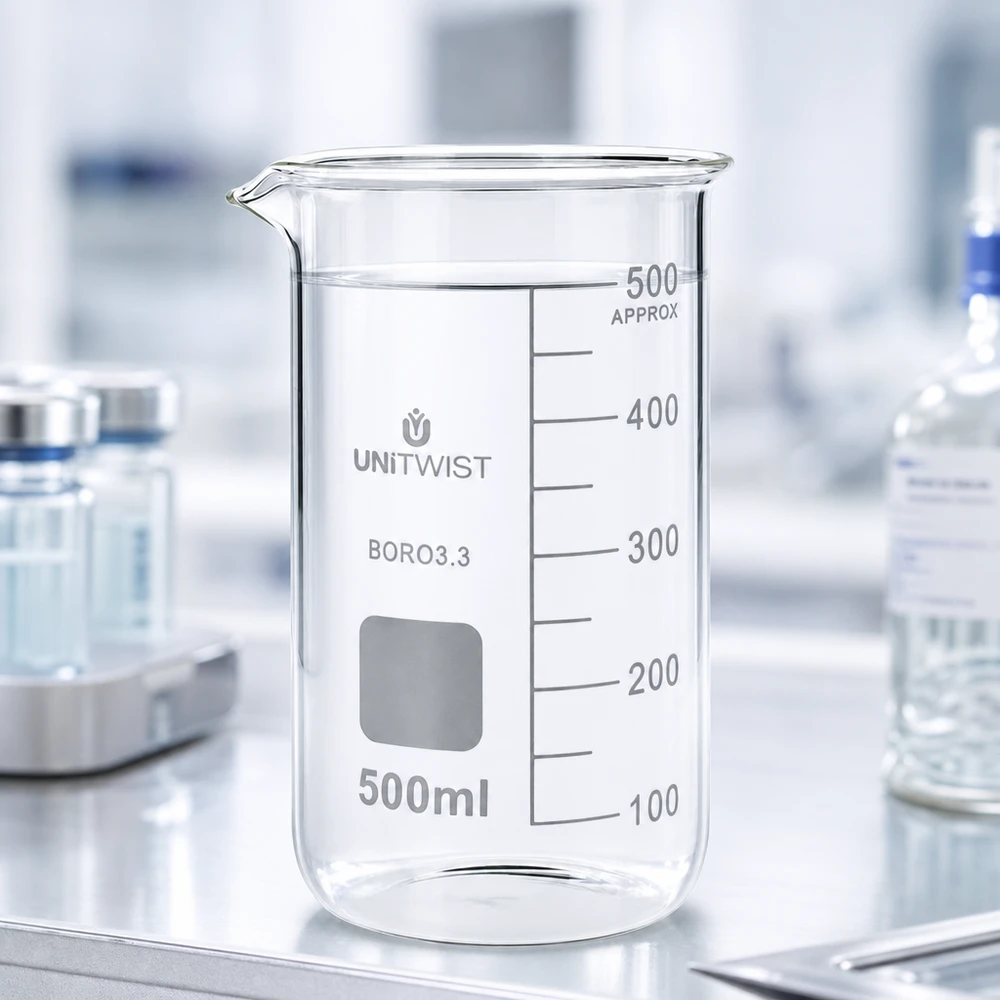 Bicchiere 500ml borosilicato, stampo alto UNITWIST Becher trasparente vuoto da 500 ml, forma alta, in borosilicato 3.3, sul piano di lavoro del laboratorio