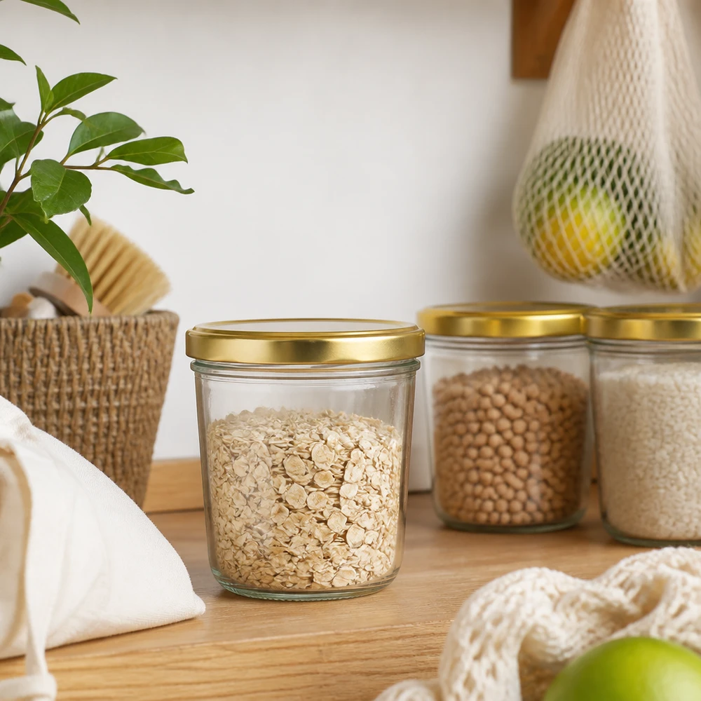 Bicchieri d'oro BasicSeal da 230 ml con fiocchi d'avena in una cucina sostenibile a spreco zero su un ripiano di legno con barattoli di conservazione
