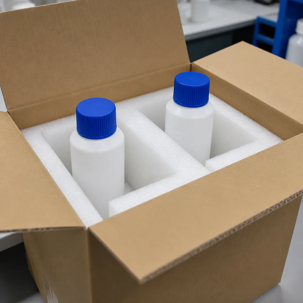 Flacon à pharmacie HDPE 30ml blanc avec bouchon vissable bleu Emballage de livraison incassable contenant deux flacons de pharmacie blancs en PEHD de 30 ml et des bouchons bleus