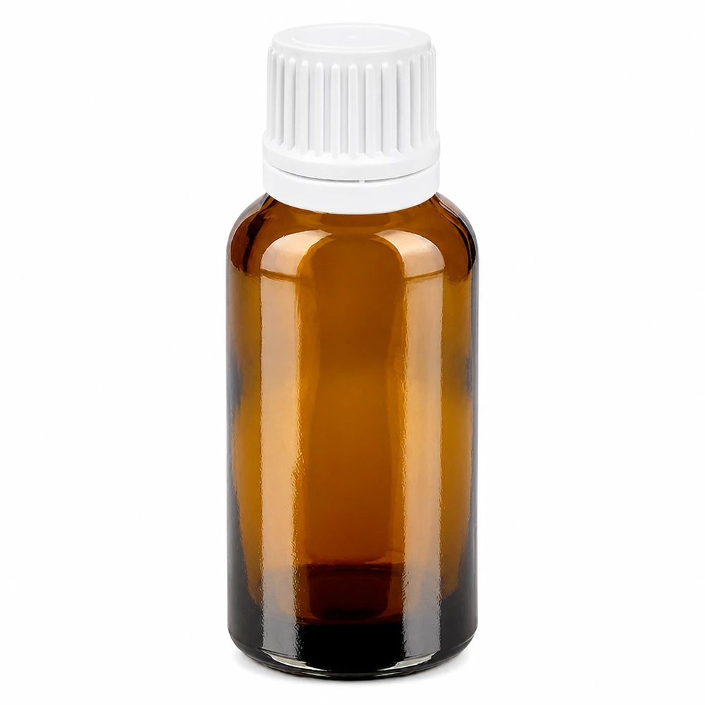 Bottiglia da farmacia da 30 ml marrone con tappo contagocce bianco per rimedi omeopatici ed essenze