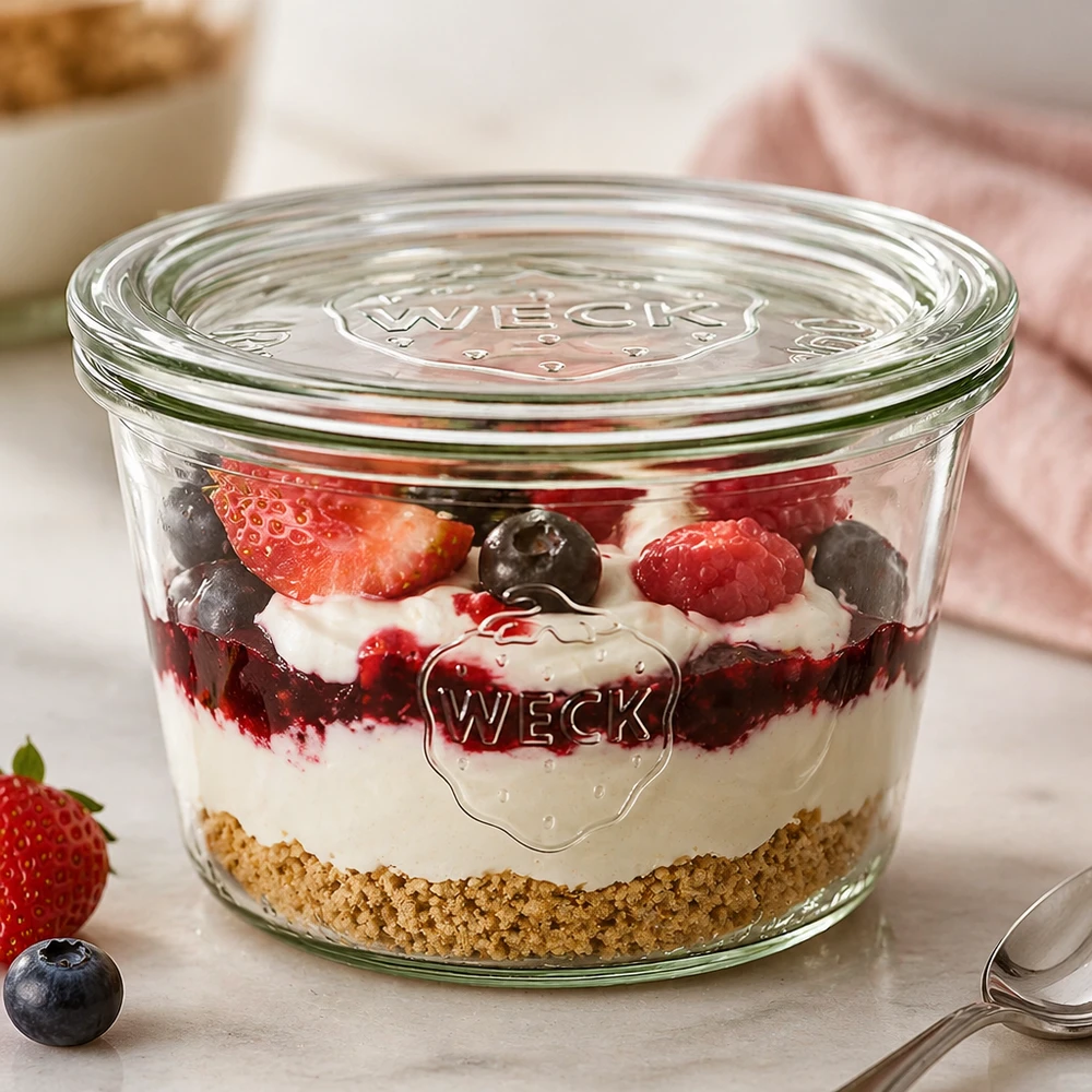 Bocal en verre de 370 ml avec couvercle en verre WECK RR100 WECK Sturzglas 370ml RR100 mit Schichtdessert aus Keksboden Creme und Beeren als Dessertglas verwendet