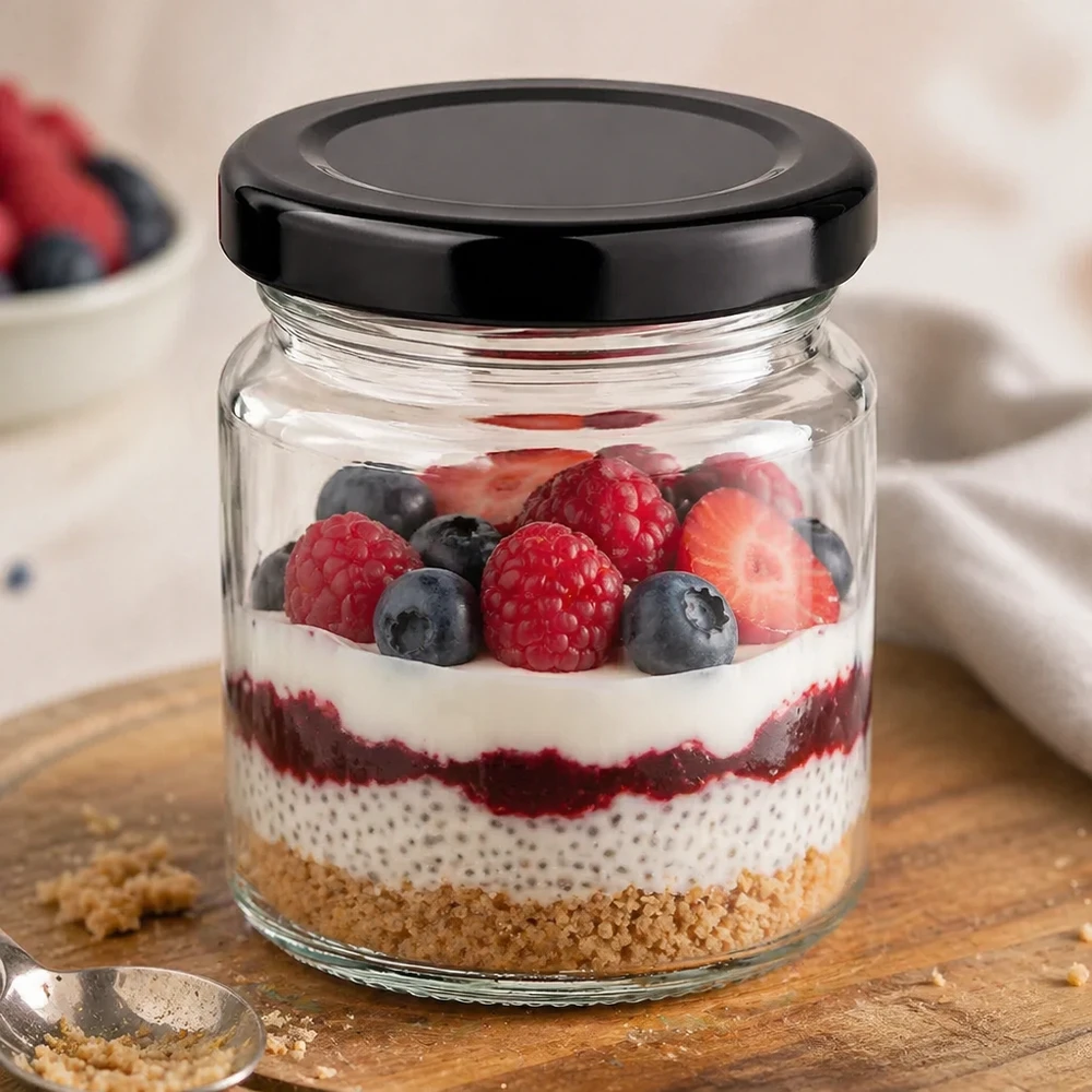 Vasetto rotondo da 53 ml con coperchio nero BasicSeal come vasetto da dessert riempito con budino di chia e frutti di bosco misti