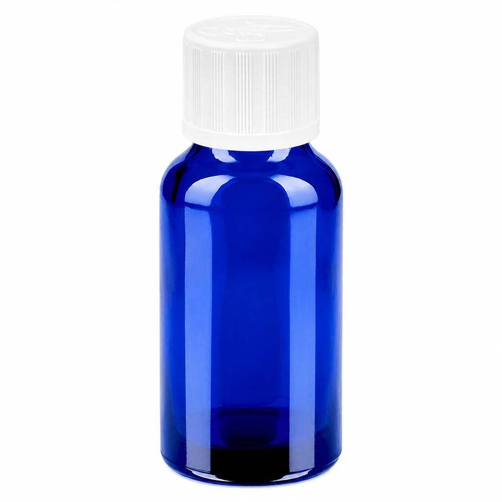 Flacon 20ml 11mm SV f. STD KiSi BlueLine UT18/20 Flacon compact de 20 ml d'un bleu cobalt élégant avec un bouchon en plastique blanc sûr