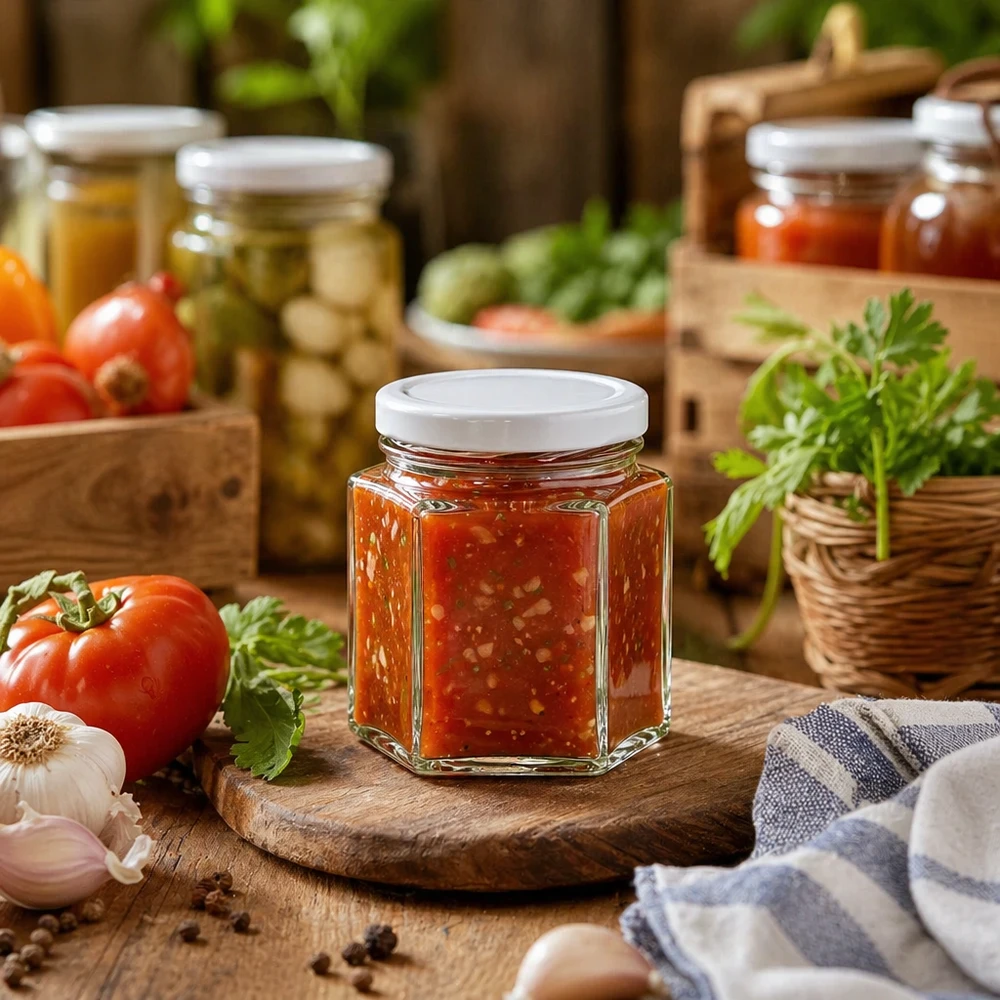 Vaso hexa da 47 ml con coperchio BasicSeal riempito di salsa di pomodoro tra pomodori freschi ed erbe aromatiche su una tavola di legno