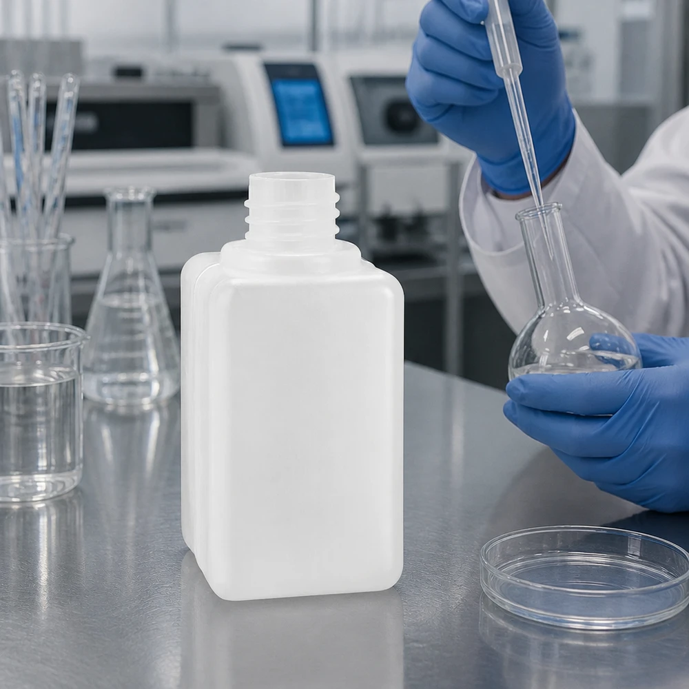 Flacon de stockage de laboratoire robuste en PE-HD de 50 ml, à col étroit GL 18 et bouchon à vis large