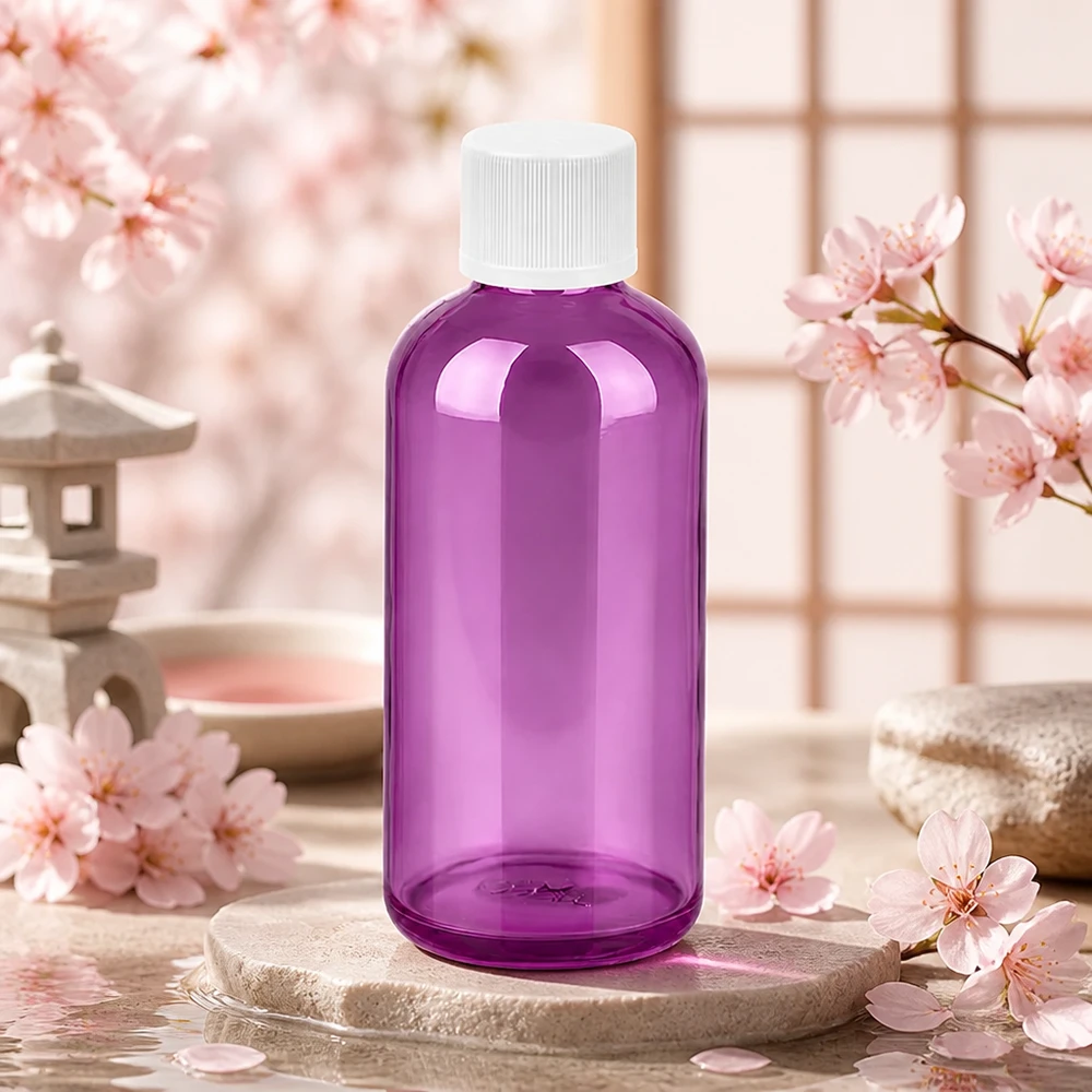 Flacone viola da 100 ml con filettatura standard UT18 ideale per prodotti wellness e spa