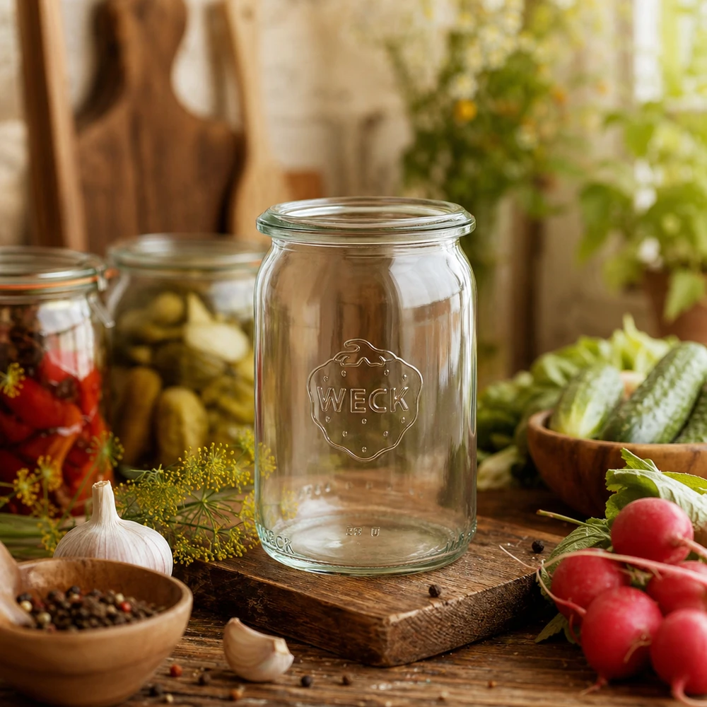 Barattolo cilindrico da 145 ml WECK RR40 WECK RR40 vaso cilindrico 145ml in cucina rustica, decorato con verdure fresche e ingredienti di conservazione