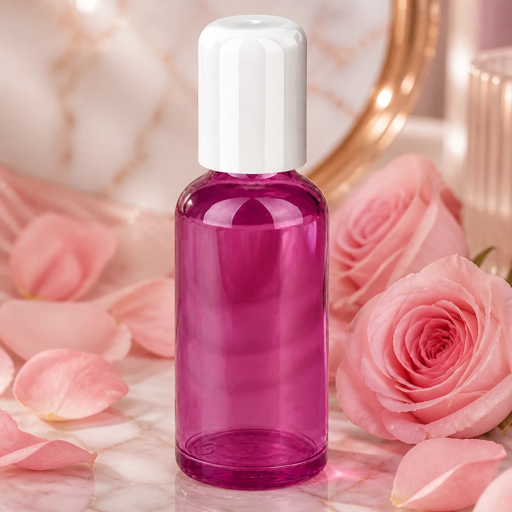 Flacone roll-on da 50 ml viola trasparente con tappo a vite igienico bianco