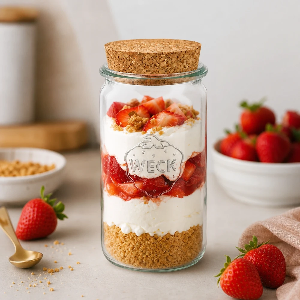 340ml Zylinderglas WECK RR60 mit Korken natur WECK Glas 340ml RR60 als Dessertglas mit Erdbeeren und Sahne gefüllt zeigt vielseitige Verwendung des Korkglases