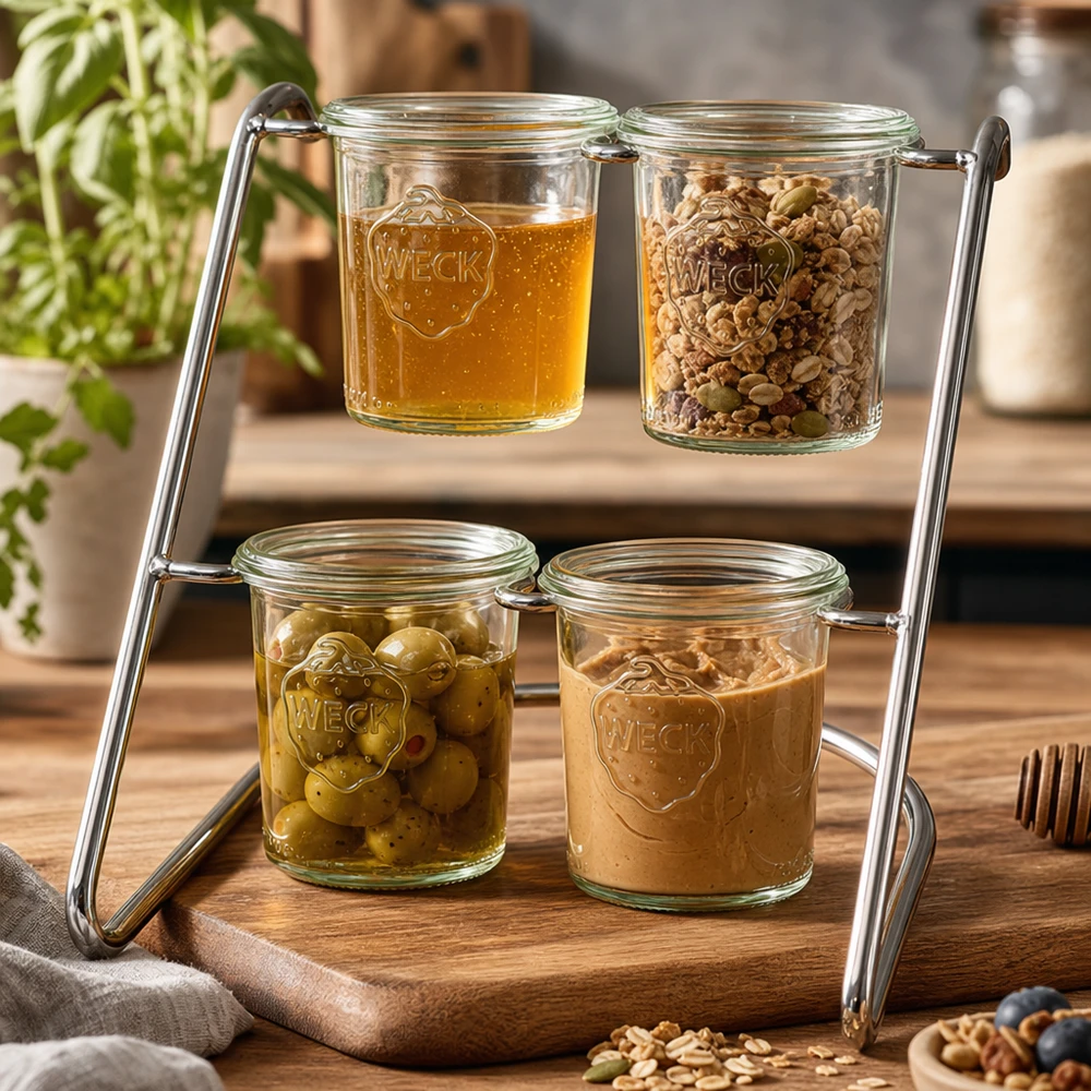 Présentoir Flato4 pour 4 bocaux WECK WECK Serviergestell Flato4 mit Honig, Nüssen und Oliven befüllt - vielseitiger Glashalter für Küchendeko
