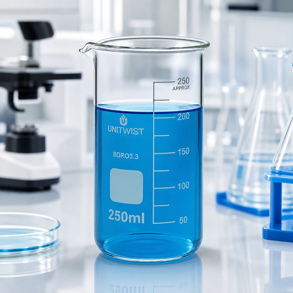 Bicchiere 250ml borosilicato, stampo alto UNITWIST Vetro da laboratorio UNITWIST, becher da 250 ml a forma alta con liquido blu in laboratorio