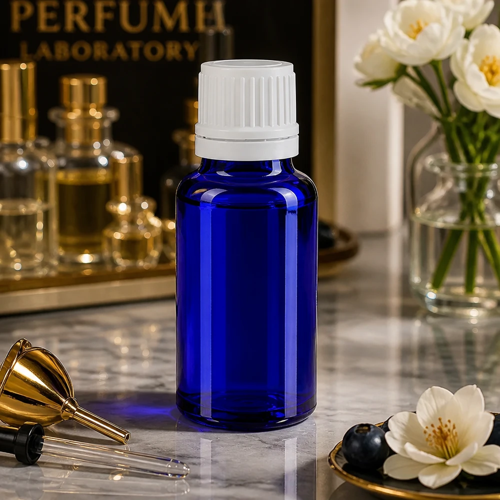 Apothekenflasche blau 20ml Schraubverschluss weiß Originalitätsverschluss Kleine blaue Glasflasche 20ml mit 11mm OV-Verschluss für Parfümherstellung und Laboranwendung