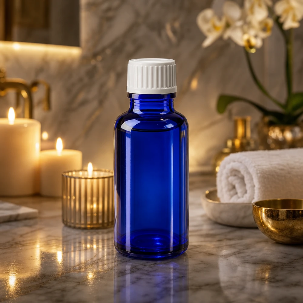 Lichtschutz-Glasflasche in Blau 20ml mit weißem Apothekerverschluss für Naturkosmetik